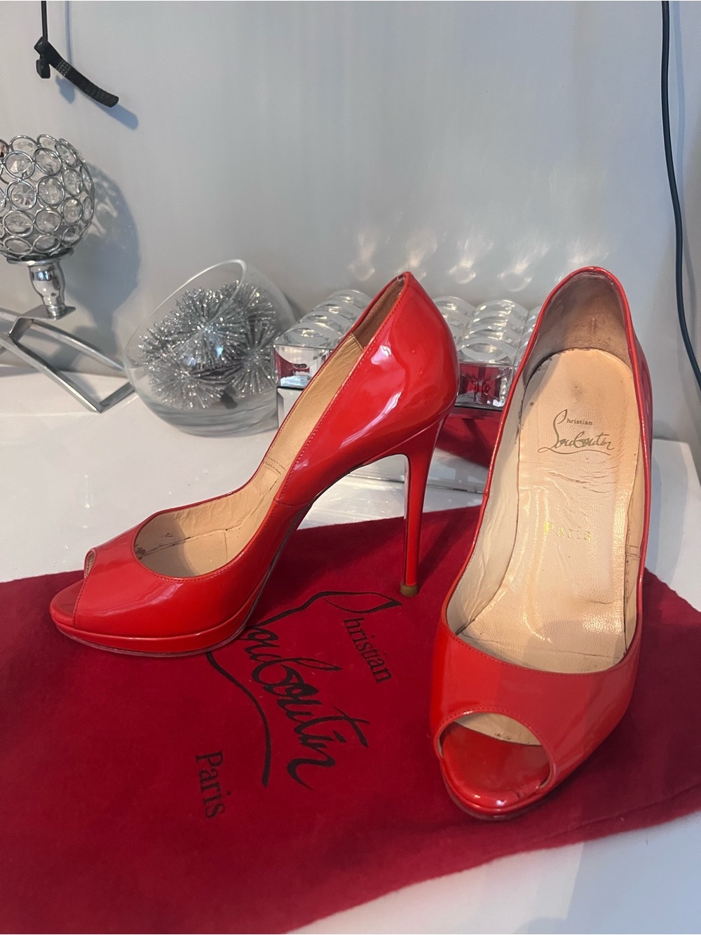 Christian Louboutin Red Patent Peep-Toe Stiletto Pumps